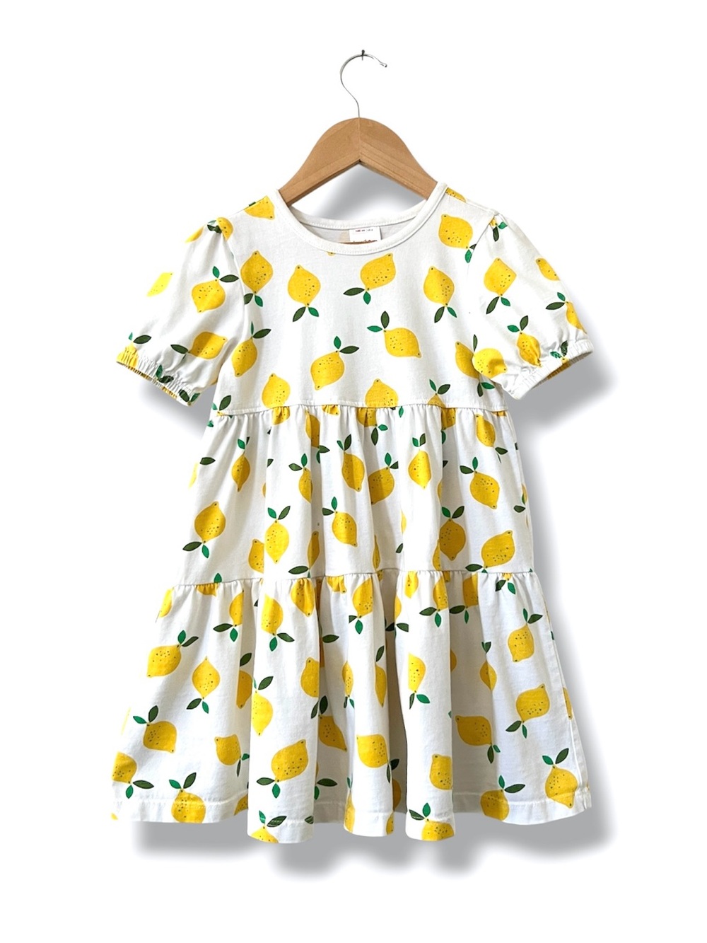 Hanna Andersson Girls Size 4 Lemon Print Cotton Tiered Dress Puff Sleeve Summer